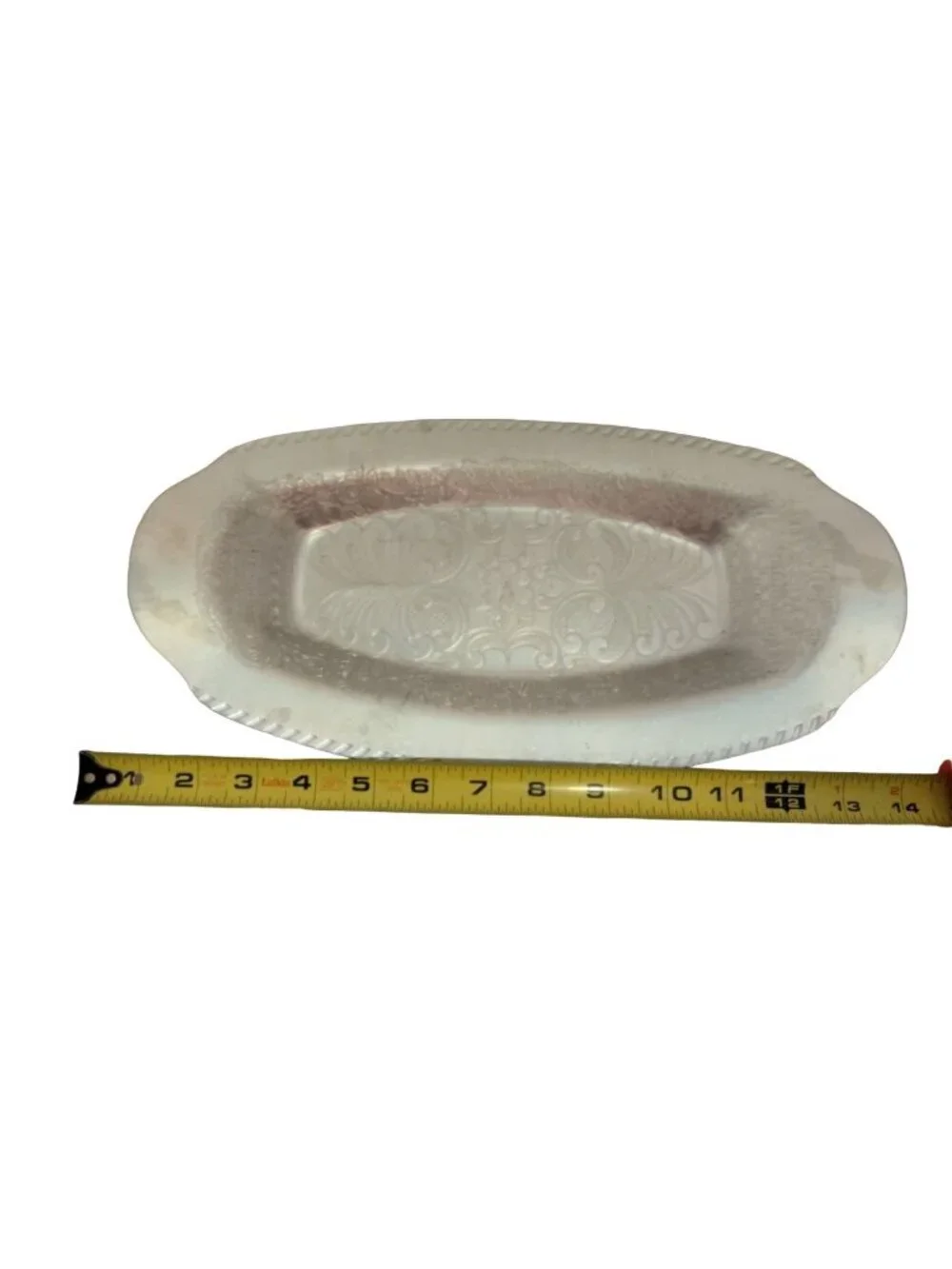 Oval Hammered Aluminum Curved Tray Platter Plate Dish Floral Scroll Design